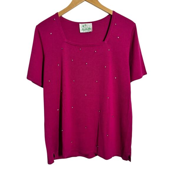 Quacker Factory Top Women Pink Diamond Bling Sparkle Holiday Square Neck Tshirt - Picture 1 of 6